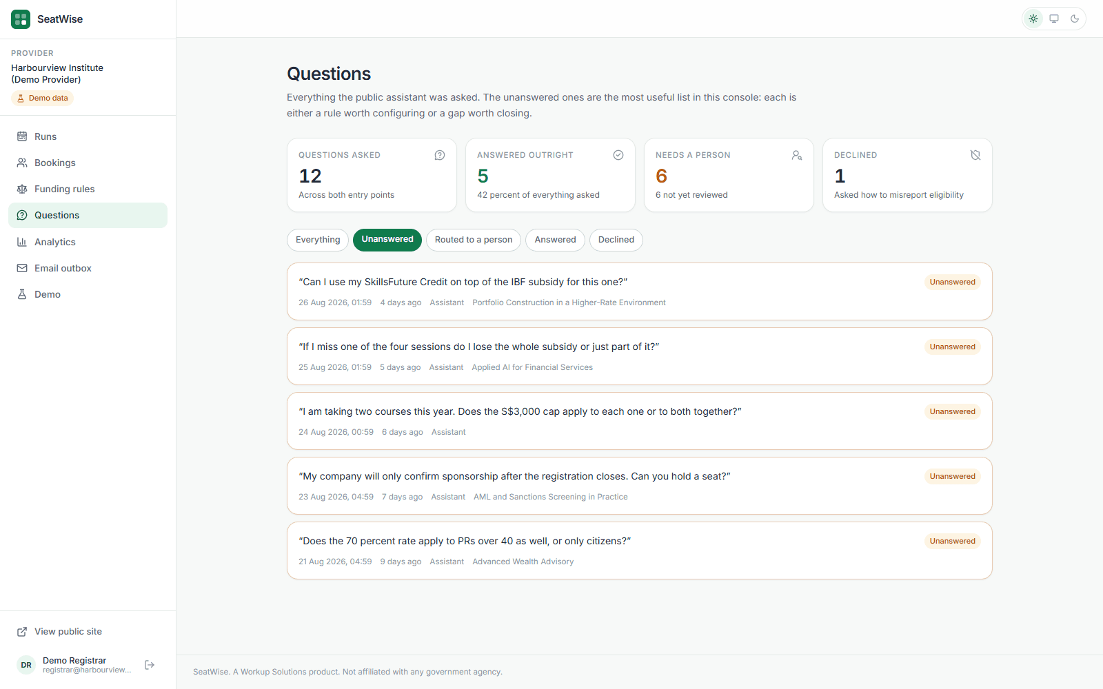 The SeatWise questions log filtered to unanswered questions, showing real learner questions about stacking SkillsFuture Credit, attendance requirements and the per-participant cap.