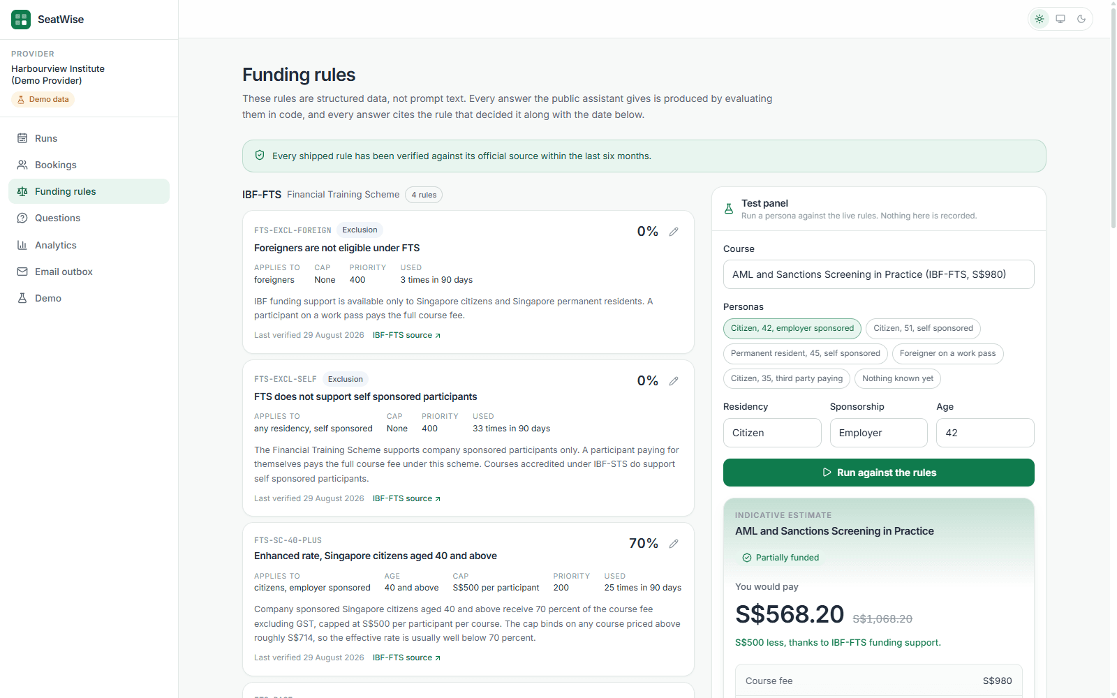 The SeatWise funding rules editor, showing rules for the Financial Training Scheme with their conditions, caps, priorities and verification dates, beside a test panel running a persona and showing the resulting price breakdown.